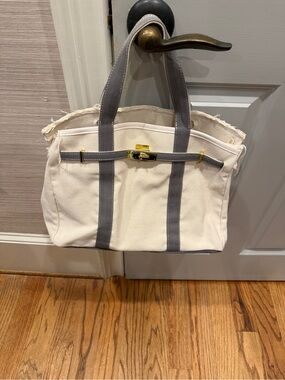 Canvas Tote Bag with Gray / Light blue Straps and Gold Accent - workin tote
